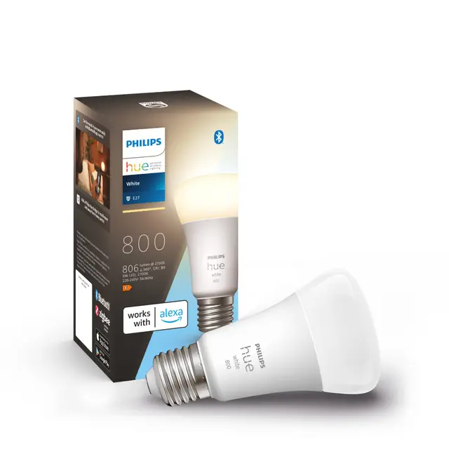 Philips Hue - Bombilla led inteligente, casquillo E27, Luz cálida regulable, 9W - 800 lumens, Bluetooth, Compatible con Zigbee y Alexa