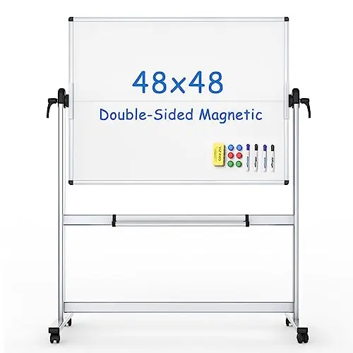 VIZ-PRO Pizarra blanca móvil magnética de doble cara 120x120 cm, con ruedas y marco de aluminio, para oficina y aula