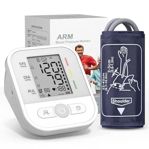 Tensiómetro de Brazo Monitor de Presión Arterial Recordatorio de Arritmia y 2 Funciones de Memoria de Usuario con Pantalla LCD Brazalete Ajustable 22-42cm para Adultos Mayores y Familias