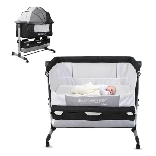 Mobiclinic®, Cuna 3 en 1, Night, Altura Ajustable, Colchón, Mosquitera, Ruedas 360º, Correas de Sujeción, Cesta de Almacenamiento, hasta 20 kg, Negro