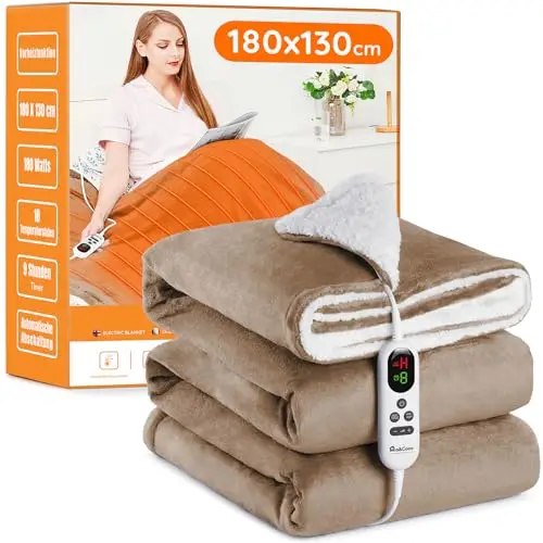 Manta Eléctrica Grande Térmica para Cama 130x180cm 10 Niveles de Calor y Temporizador de Apagado Automático de 1~9 Horas para Protección, Pantalla LED, para Cama Hogar y Oficina, Franela Lavable,Caqui