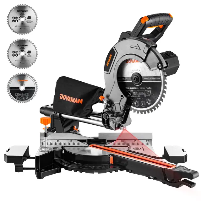 DOVAMAN DMS01A Sierra Ingletadora 2000W, 2 Velocidades 3200/5000 RPM, 3 Hojas TCT, Corte Máx 340x90mm, Inclinación 0–45°, Guía Láser, 9 Posiciones, Para Madera PVC Aluminio Metales Blandos