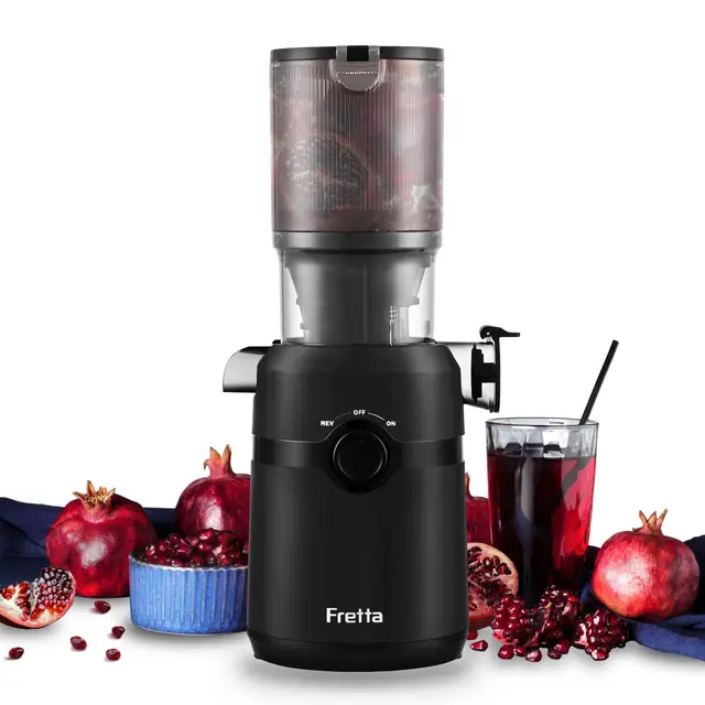 Fretta Extractor de Zumos y Verduras, Apertura de 108MM y Capacidad de 1L, Licuadora Prensado en Frio para Verduras Frutas Enteras, 200W Slow Juicer Machine, Fácil Montaje y Limpieza, Sin BPA (Negro)