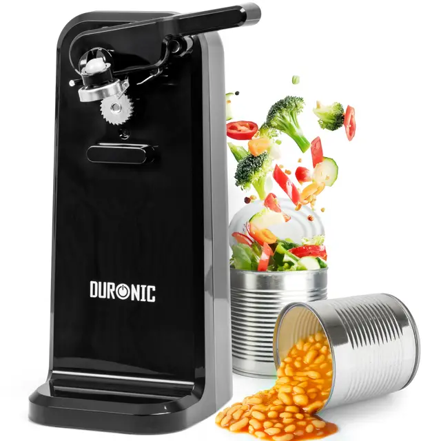 Duronic CO40 BK Abrelatas Eléctrico 50W - Abre Latas de Conserva Automático con Afilador de Cuchillos y Abrebotellas, Permite Retirar Tapones de Botellas y Latas