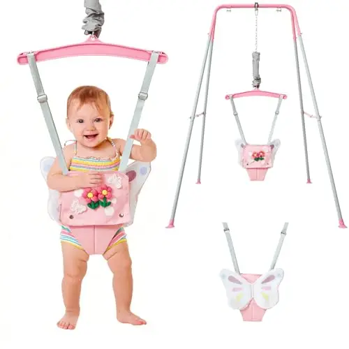 FUNLIO: saltador para bebés con soporte, de 6 a 24 meses; brincador infantil para jugar; saltador para niños pequeños; con cadena ajustable; fácil de montar y guardar (con soporte) - Mariposa rosa