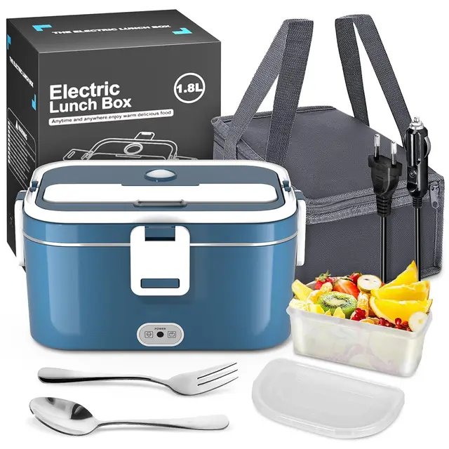 120W Fiambrera Eléctrica Comida Trabajo Portátil 1.8L 12V/24V/240V Lonchera Termica Inoxidable 3 en 1 Calentadora de Alimentos para Coche Oficina Coche y Camión, Calienta Comida