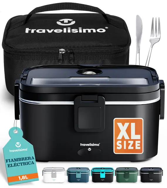 TRAVELISIMO - Fiambrera Electrica Extra Grande 1,8L - Taper Electrico para Comida 100W - Fiambrera Termica 3 en 1 12V/24V/220V - Fiambreras Comida Trabajo para Coche, Camión - Acero Inoxidable