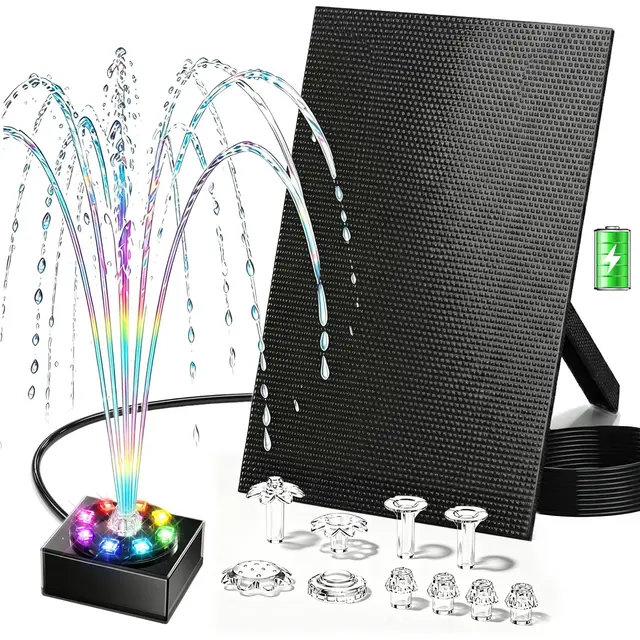 Fuente Solar para Exteriores 8W con batería 1800mAh –Bomba de Estanque Solar, Ideal para abrevadero de pájaros, pequeño Estanque y Juegos de Agua – 10 Estilos de Chorro y 8 LED de Colores