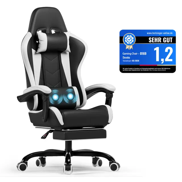 Devoko Silla Gaming con Masajeador, Silla Oficina con Reposapiés, Silla Juego de Carreras con una Carga de 150 kg, Respaldo Ajustable Alto Silla Ergonomica de Juegos Reclinable 90-135°(Blanco)