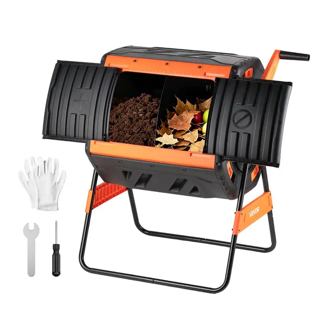 VEVOR Contenedor Giratorio para Compostaje 200 L Cámara Doble, Compostador de Compostaje Rotación Asistida por Manivela, Barril de Plástico, Estructura de Acero para Residuos de Exterior, Jardín
