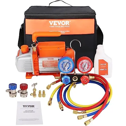 VEVOR Bomba de Vacío para Aire Acondicionado 100 L/min Bomba de Vacío HVAC 150 W con Kit de Manómetro y Manguera de Goma Tricolor 1440 RPM Bolsa de Transporte para R134a Aire Acondicionado de Coche
