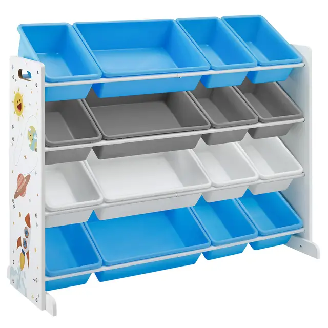 SONGMICS Estantería de Juguetes, Organizador de Juguetes de 4 Niveles para niños con 16 Cubos de plástico, para la habitación Infantil, Sala de Juegos, Blanco, Azul y Gris, Navidad, GKR070W03