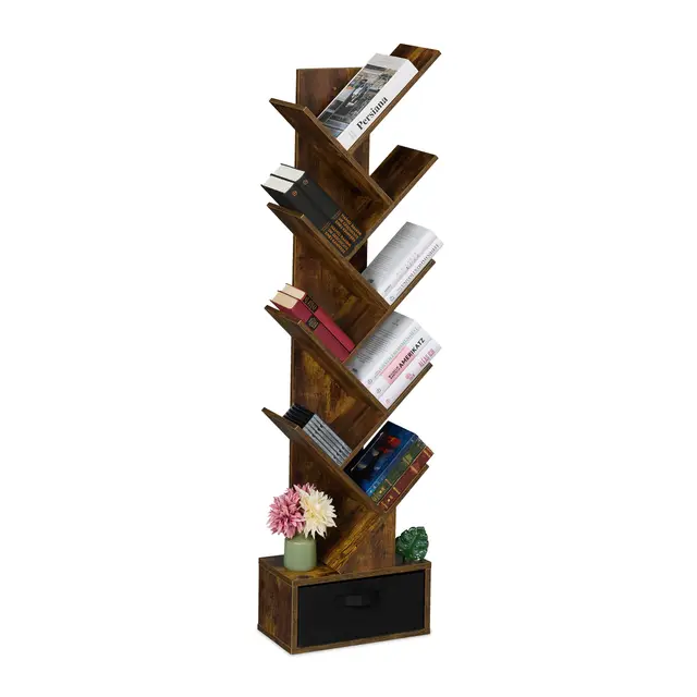 Relaxdays Estantería Libros, 9 Estantes, Librería Árbol, 146 x 38 x 22 cm, para CDs y DVDs, Salón, con Cajón, Marrón