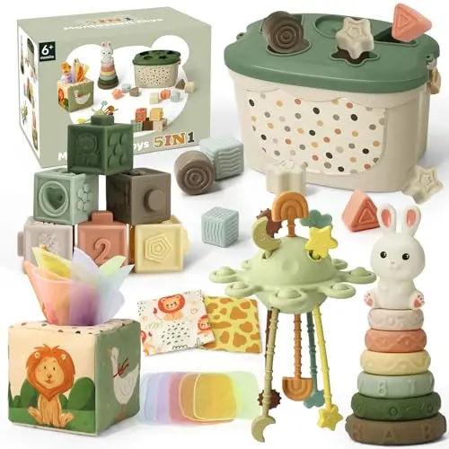 Juguetes Bebes 6 Meses, 5 en 1 Juguetes Montessori Bebes 6-12 Meses con Caja Pañuelos Bebe, Clasificación y Apilamiento de Formas, Bebe Mordedor & Educativos, Regalos Bebés Montessori 7 8 9 Meses