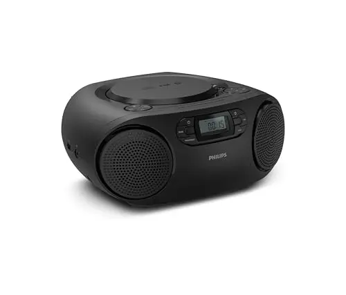 Philips TAZ2000 Reproductor CD portátil con Radio FM, Bluetooth 6.0, Reproducción USB, Entrada Audio, Graves dinámicos, Altavoces estéreo de 6W, Corriente/batería, Asa de Transporte – Negro