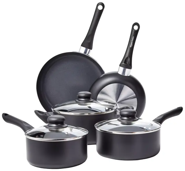 Amazon Basics Juego de utensilios de cocina antiadherentes, 8 Unidads (5 ollas + 3 tapas), Negro