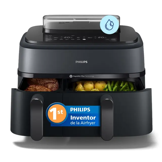 Philips Airfryer serie 5000 Dual Basket con vapor - Exclusivo Steamfry, Steam y Airfry - 19 formas de cocinar; capacidad de 9L (3L + 6L), tecnología RapidAir Plus, Auto SteamClean (NA550/00)