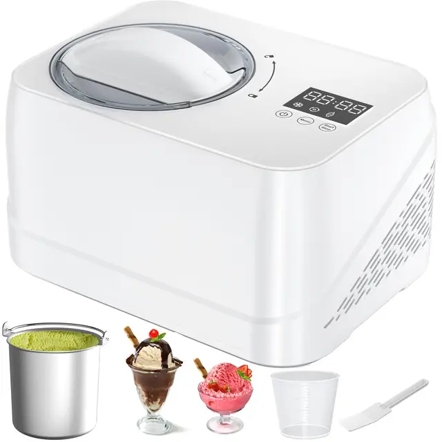 Heladera con Compresor, Maquina de Hacer Helados Doméstico Sin Precongelación 1L, Heladera Eléctrica con Cubo de Aluminio Extraíble/Receta/Espátula/Medidor, Blanco