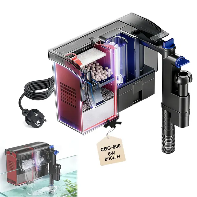 EXLECO Filtro Externo Acuario Tipo Mochila 6W 800L/H, con Lámpara UV, Skimmer y Esponja Filtrante – Ajustable, Suspendido, con Repuestos, para 75-190L Peceras y Tortugueras Tortugas de Agua