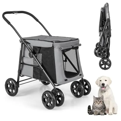 GOPLUS Cochecito para Mascotas para Perros y Gatos de Hasta 40KG, Cochecito Plegable con Cojín Suave, Ventana de Malla y 2 Entradas, Transportador para Perros con Ruedas Universales y Asa, Gris