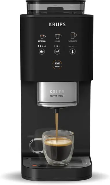 KRUPS Coffee Crush, Cafetera automática, Café en Grano y Molido, 15 Bares, 3 recetas de café, 3 niveles de temperatura y de molienda, Pantalla táctil, Compacta 15 cm de ancho, Negro, SA4028E0