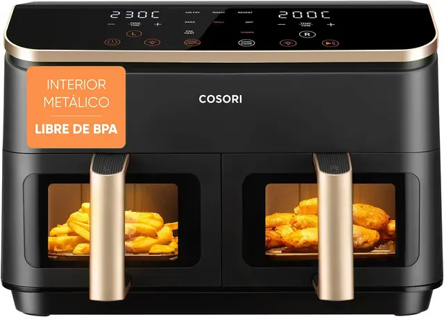 Cosori Air Fryer Grande 8,5 Litros, Freidora de Aire con Doble Cesta, Airfryer con Ventana, Recetas en la App, Multifunción 10 en 1, Alta Potencia y 55% de Eficiencia, Bajo Ruido, Fácil de Limpiar