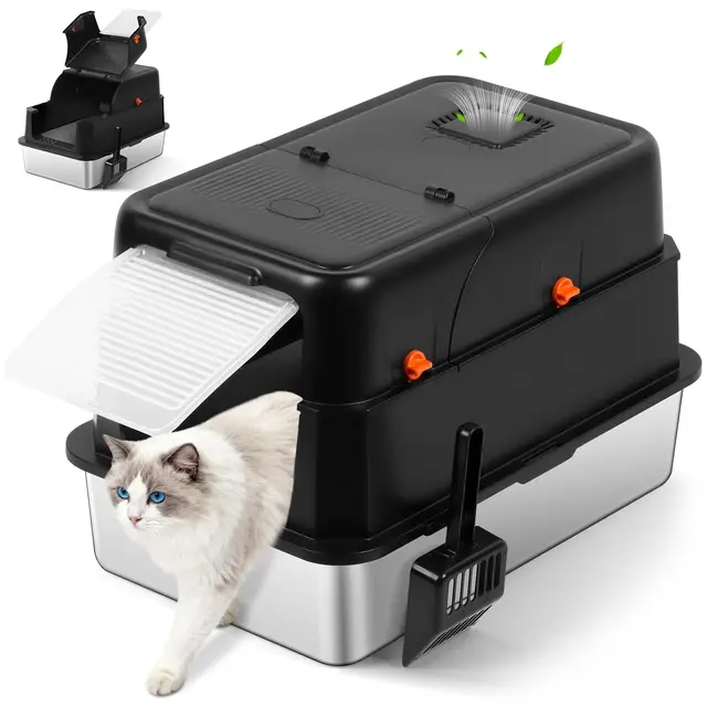 grande Caja de arena para gatos de acero inoxidable con tapa, bandeja metálica XXL con cerramiento de lados altos y pala para arena, control de olores, antideslizante, fácil de limpiar (Negro)