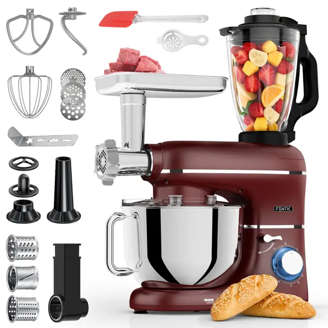 6 en 1 Robot de Cocina – 2000W – Con Picadora de Carne, 1,5L Batidora de Vaso, Cortador, Accesorios – Batidora Amasadora con Bol 6.2L, Batidor, Gancho Amasador, Gancho para Mezclar (Rojo)