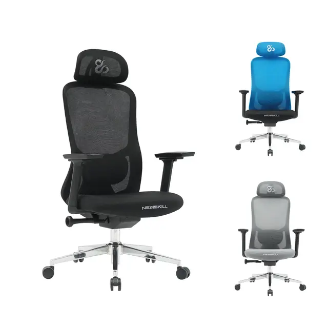 NEWSKILL NUE Silla ergonómica con reposabrazos 3D, Base metálica cromada y Respaldo de Malla Transpirable - Color Negro