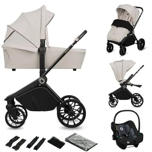 LIONELO MIKA PLUS 3 en 1 Silla de Paseo Bebe 0-48 meses a 22 kg Capazo hasta 9 kg Silla de Coche Portabebés hasta 13 kg, Respaldo Ajustable, Suspensión, Ruedas 360° Capota XXL Carrito de Bebe (Beige)