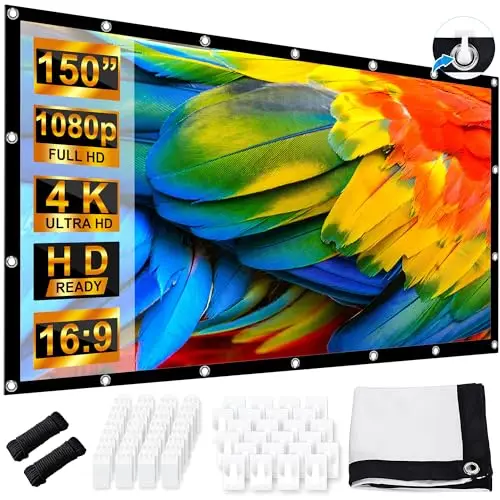 Pantalla Proyector 150 Pulgadas, LEORFI Portátil Pantalla Proyector Soporte 16:9 4K Full HD, 336x190 cm Pantalla de Proyección de Doble Cara para Patio, para Cine casa Camping Eventos Recreativos