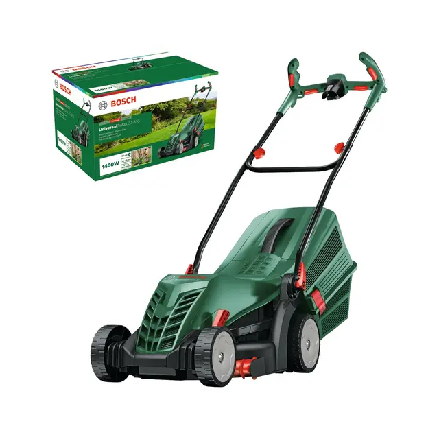 Bosch cortacésped con cable UniversalRotak 37-555 (1400 W de potencia del motor, ancho de corte: 37 cm, cesta colectora de 40 litros, asas Ergoflex)