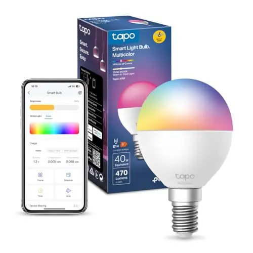 Tapo Bombilla WiFi L430P Smart P45, casquillo E14, 470 lúmenes, 16 millones de colores, regulable, horario y temporizador, monitorización de energía, compatible con Alexa, Google Assistant y Samsung