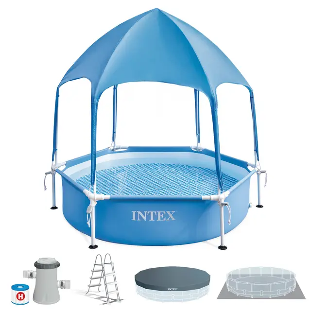 Intex - Piscina Desmontable Hexagonal, Metal Frame, Ø183x38 cm, 700 litros, Montaje 10 min, Incluye toldo Desmontable UPF 50+ con difusor de Agua, +3 años (56031)