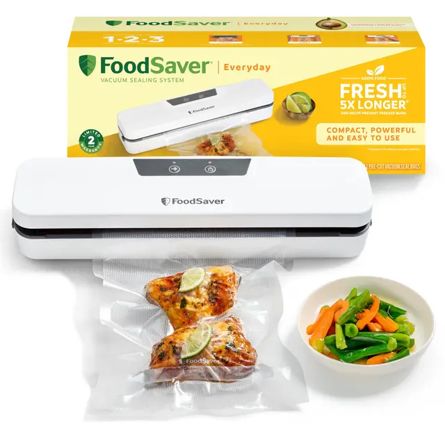 FoodSaver Everyday envasadora al vacío | Mantiene los alimentos frescos hasta 5X más tiempo | Maquina de envasar al vacio con diseño compacto | Con 5 bolsas para envasar al vacío (0,94 l y 3,78 l)