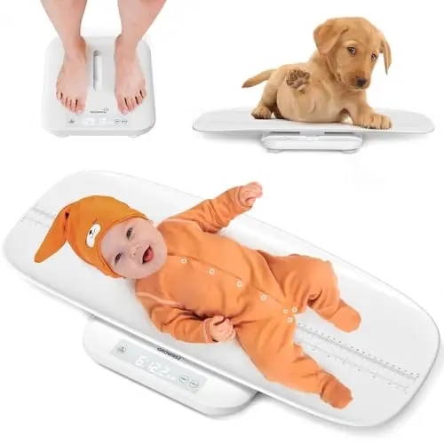 Grownsy Báscula Bebé Digital con Plataforma Extraíble, Máx. 150 kg, 5 Modos de Pesaje, LED Báscula para Mascotas con Función de Retención, Báscula para Adultos, Medición de Altura Hasta 70 cm