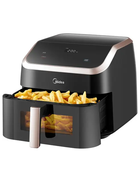 Midea Freidora de Aire XXL Air Fryer sin Aceite 8,5L, 8 en 1 con Ventana Transparente, Cámaras Extraanchas, máx. 200 °C, Temperatura y Tiempo Regulables, Apta para Lavavajillas
