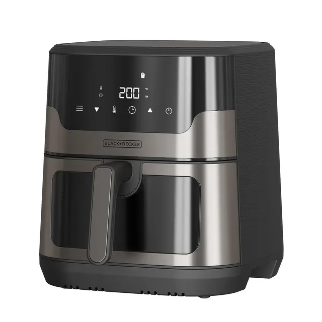 Black+Decker – Freidora de Aire sin Aceite | Tamaño Familiar 8-9 Comensales | Temporizador 0-60 min | Temperatura 80-200ºC | 8 Programas | 1700 W | Ventana de Control | Pantalla Digital Táctil