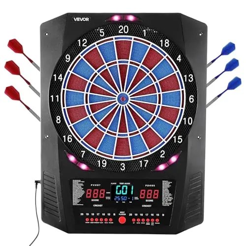 VEVOR Diana Electrónica 342,9 mm, con 45 Juegos y 474 Variantes para hasta 8 Jugadores, PP y ABS, 6 Ejes de Dardos con Plumas y 50 Puntas de Dardos de Repuesto, Pantalla LED de Color para Críquet
