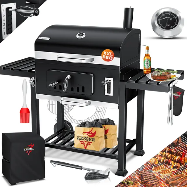 KESSER Barbacoa XXL con ahumador, con tapa, ruedas, mango de acero inoxidable, termómetro, cubierta, 8 ganchos en una bolsa y cepillo de silicona, parrilla de pie