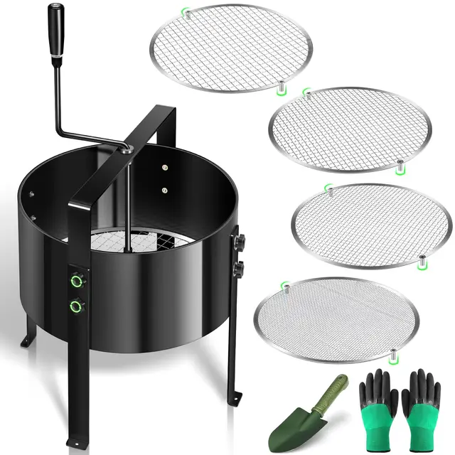 Tamiz giratorio manual mejorado para jardín, tamiz de compost, filtro de malla de 13 pulgadas con 4 tamices intercambiables (3/6/9/12 mm), tamiz hortícola, adecuado para compostaje del suelo, contiene
