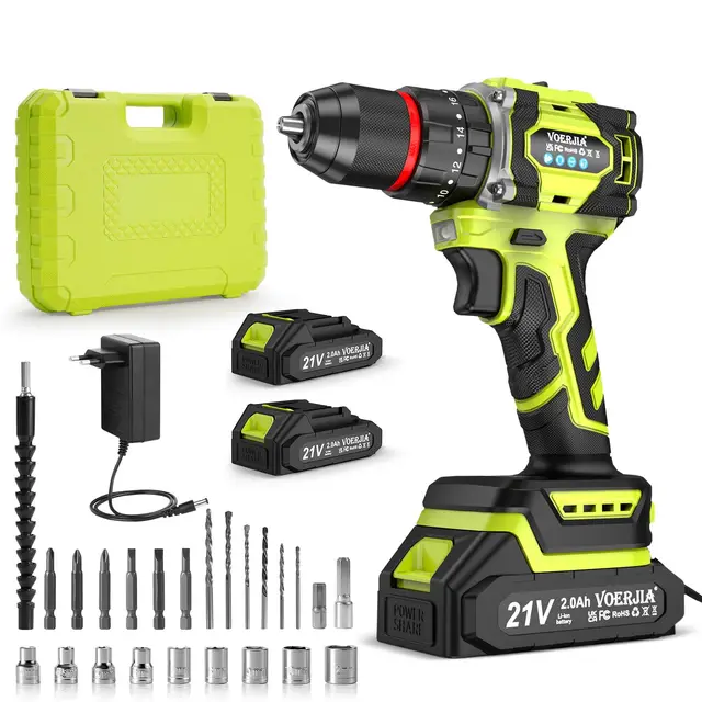 VOERJIA - Taladro atornillador inalámbrico de 21 V, taladro de percusión sin escobillas de 60 Nm, 2 baterías de 2000 mAh, 21+3 pares de torque, portabrocas de 10 mm, 2 velocidades, LED, 29 accesorios
