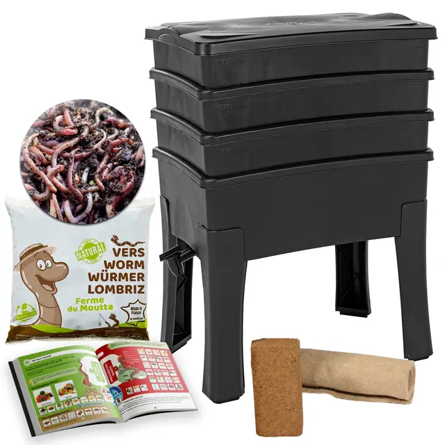 Vermicompostador Worm Café, 3 bandejas I 1kg de Lombriz / 2000 und. I Kit Completo I Gran Capacidad de 96 litros,