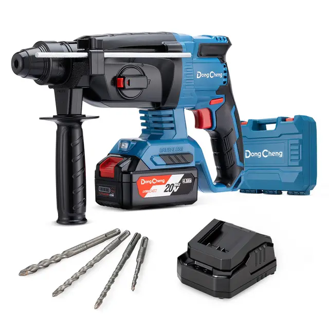 DongCheng Martillo perforador sin cable 18V, martillo percutor a batería 2,8 J, 4 piezas SDS-plus, perforación hasta 28 mm, motor sin escobillas empuñadura antivibración baterías 4Ah y cargador 2A