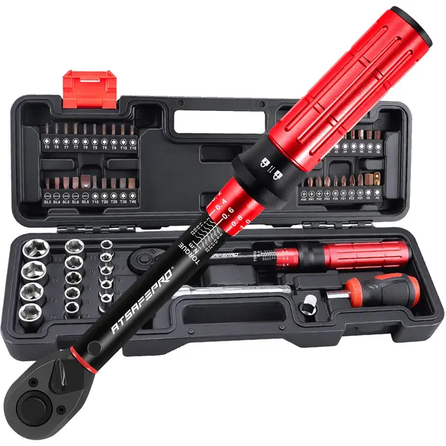ATsafepro Llave Dinamométrica Kit 1/4" 3-25 Nm | 61 Pcs Destornilladores Magnéticos con Trinquete Reversible + Botón de Liberación Rápida | Profesional para Mantenimiento de Bicicletas, Autos, Motos