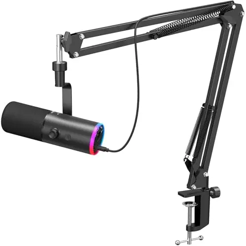 TONOR Microfono de Gaming Dinámico para PC, Micrófono Cardioide Streaming XLR/USB con Brazo para Podcast/Estudio, Cancelación de Ruido IA,RGB Controlable,Conector Auriculares 3,5 mm,Negro,TD510 AIR H+