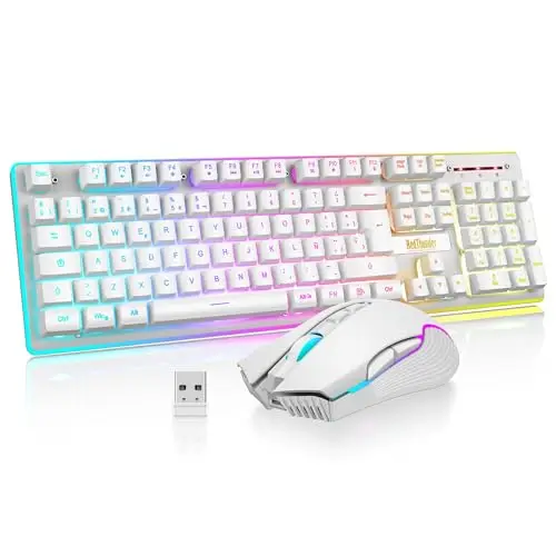 RedThunder K10 Teclado Gaming Sensación Mecánico Inalámbrico,Retroiluminación RGB,Batería Recargable de 3800 mAh, Anti-ghosting+Ratón 7D 3200DPI,Disposición ES,para PC/PS5/Xbox-Blanco