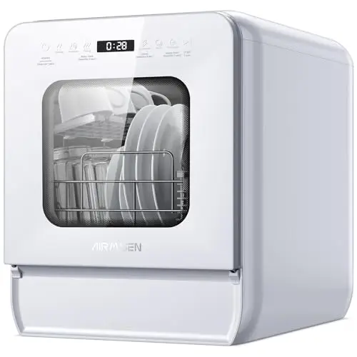 AIRMSEN Lavavajillas de Encimera Mini Lavavajillas con Tanque de 5L, 7+2 Programas Diseño Ultra Estrecho (37x50cm) y Gran Profundidad Lavavajillas Compacto Rociado Dual 360° Blanco (Blanco)