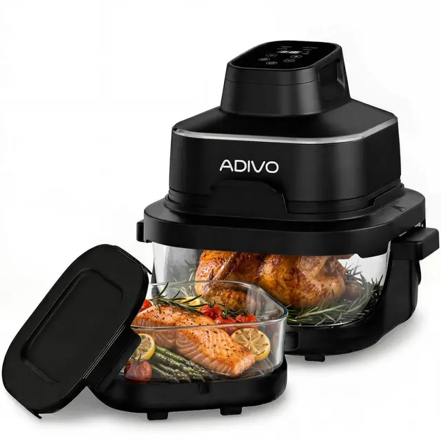 ADIVO Freidora de Aire Vidrio 4L/1.5L,1500W,Tazón de Vidrio Visual,Doble Capacidad,4 Modos, Sin Aceite ni Recubrimiento,Apta para Lavavajillas,Portátil para Camping/Oficina,Cocina Sana y Rápida