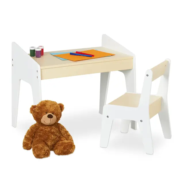 Relaxdays Mesa y Silla Infantil en Set, Muebles para Niños, Unisex, para Pintar y Hacer Manualidades, Blanco y Beige